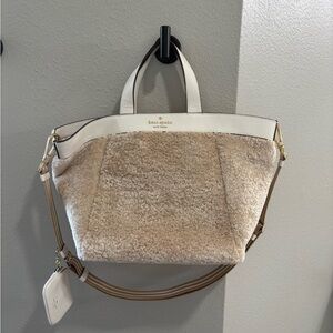 Kate Spade Tan and White Tote Bag with Plush Fabric and Dual Handles